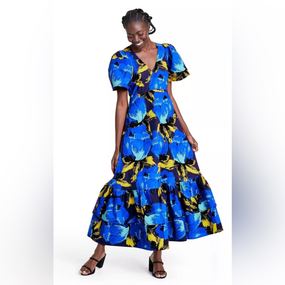 Christopher John Rodgers Floral Blue and Green Dress